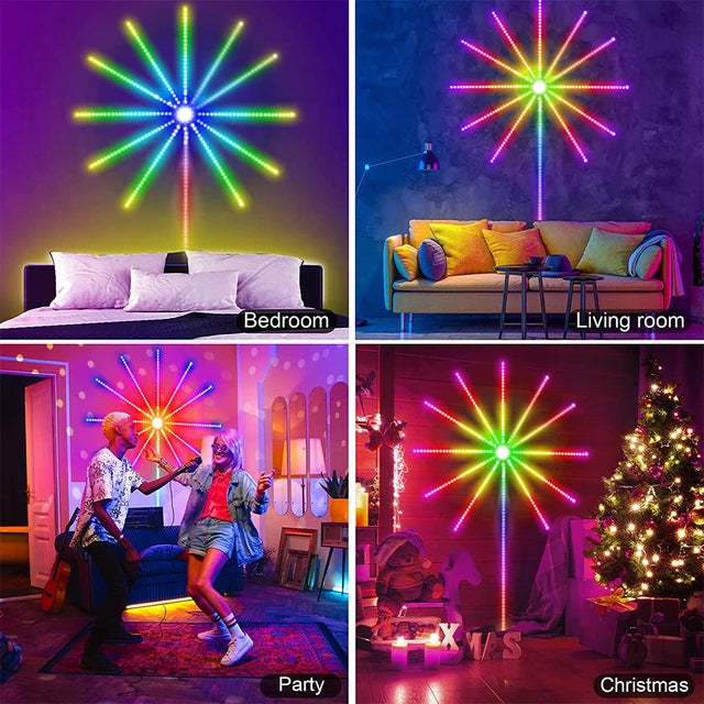 مصابيح LED ذكية بتصميم العاب نارية - ديكور للغرفة تعمل بمنفذ USB، مزامنة الموسيقى، شريط اضاءة LED متغير اللون مع جهاز تحكم عن بعد وتطبيق. مثالية لغرفة النوم وديكور الحفلات والكريسماس - هدية مثالية