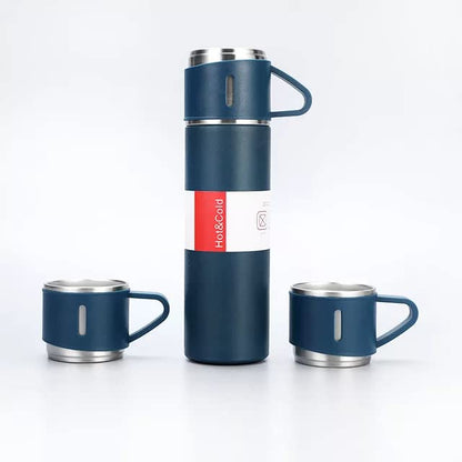 مجموعة هدايا شاي مفرغة من الفولاذ المقاوم للصدأ مزدوجة الجدار ساخنة وباردة مع كوبين , طقم قوارير من الفولاذ المقاوم للصدأ معزولة بالفراغ مع كوبين إضافيين للمشروبات الساخنة والباردة