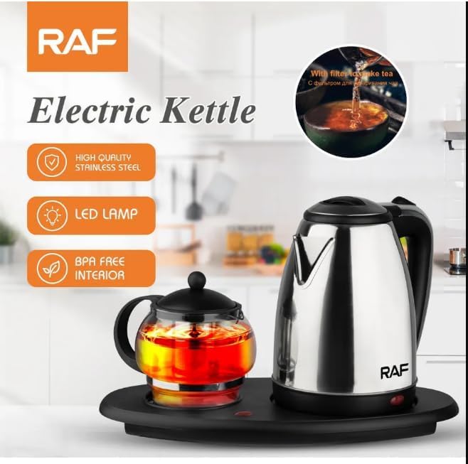 طقم غلاية كهربائية من الفولاذ المقاوم للصدأ من RAF مع ماكينة صنع الشاي، سعة 2.2 لتر + 1 لتر، إبريق شاي مزدوج السعة مع خاصية الإيقاف التلقائي ومصفاة