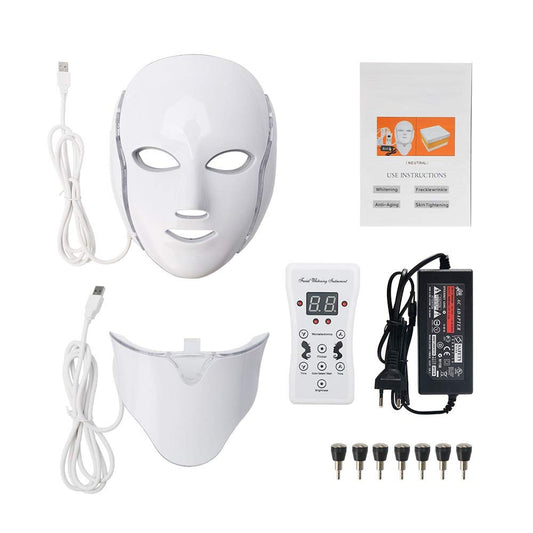 قناع وجه باضاءة LED، 7 الوان LED للوجه والرقبة بضوء نيون متوهج، قناع وجه كهربائي للعناية ببشرة الوجه وجمال الوجه