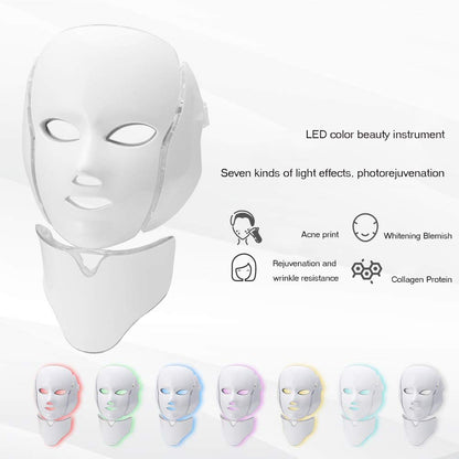 قناع وجه باضاءة LED، 7 الوان LED للوجه والرقبة بضوء نيون متوهج، قناع وجه كهربائي للعناية ببشرة الوجه وجمال الوجه