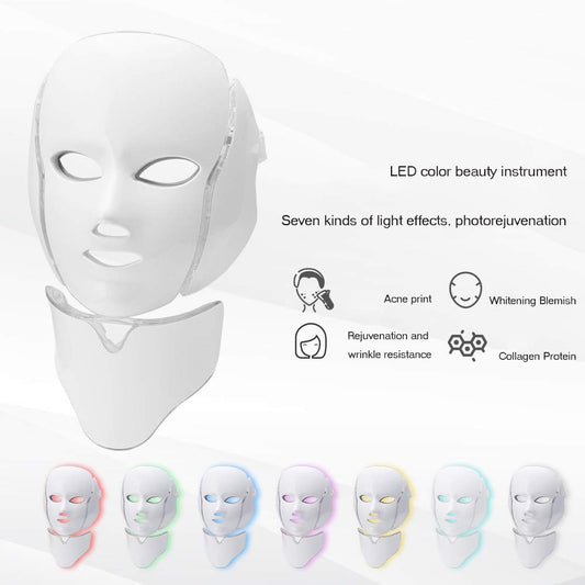 قناع وجه باضاءة LED، 7 الوان LED للوجه والرقبة بضوء نيون متوهج، قناع وجه كهربائي للعناية ببشرة الوجه وجمال الوجه