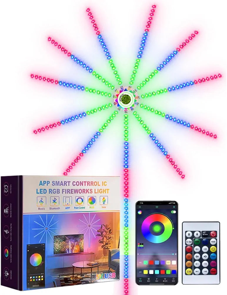 مصابيح LED ذكية بتصميم العاب نارية - ديكور للغرفة تعمل بمنفذ USB، مزامنة الموسيقى، شريط اضاءة LED متغير اللون مع جهاز تحكم عن بعد وتطبيق. مثالية لغرفة النوم وديكور الحفلات والكريسماس - هدية مثالية