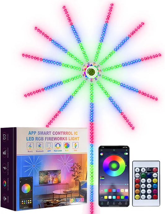 مصابيح LED ذكية بتصميم العاب نارية - ديكور للغرفة تعمل بمنفذ USB، مزامنة الموسيقى، شريط اضاءة LED متغير اللون مع جهاز تحكم عن بعد وتطبيق. مثالية لغرفة النوم وديكور الحفلات والكريسماس - هدية مثالية