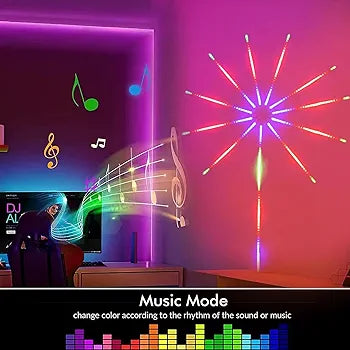 مصابيح LED ذكية بتصميم العاب نارية - ديكور للغرفة تعمل بمنفذ USB، مزامنة الموسيقى، شريط اضاءة LED متغير اللون مع جهاز تحكم عن بعد وتطبيق. مثالية لغرفة النوم وديكور الحفلات والكريسماس - هدية مثالية