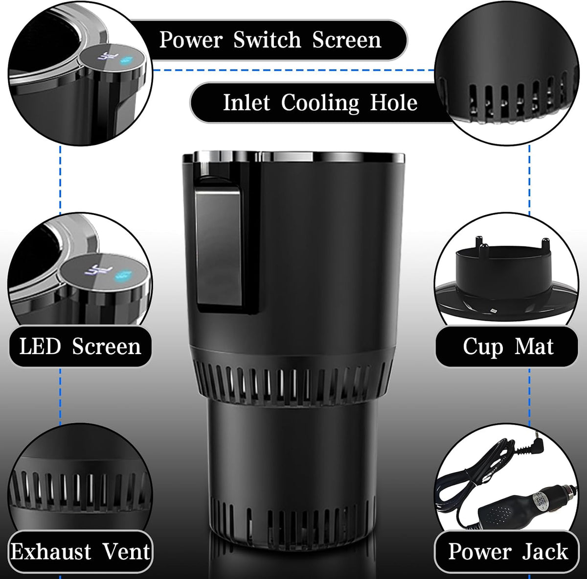 مبرد وسخان كوب ذكي للسيارة 2 في 1، كوب ذكي للسيارة مزود بشاشة LED لعرض درجة الحرارة وتحكم باللمس، يحافظ على المشروبات باردة أو ساخنة في حامل الأكواب، مناسب لسيارات الرحلات الطويلة، أسود