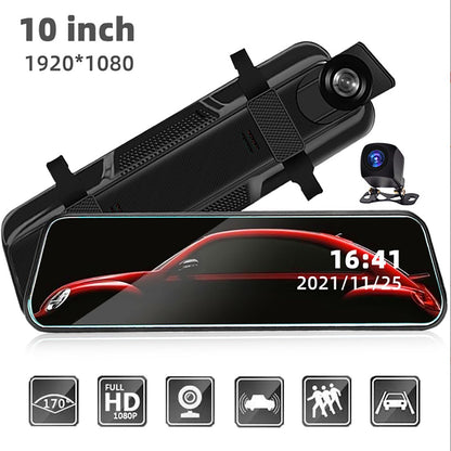 كاميرا سيارة بشاشة لمس 10 بوصة، كاميرا DVR للسيارة 10 بوصة، كاميرا أمامية وخلفية بعدسة مزدوجة، مسجل فيديو للرؤية الليلية، كاميرا الرجوع للخلف