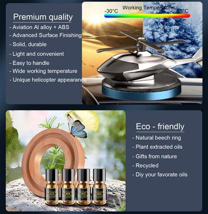 موزع روائح عطرية دوار يعمل بالطاقة الشمسية بتصميم طائرة هليكوبتر، معطر هواء للسيارة، ديكورات سيارة، أكسسوارات داخلية رائعة للسيارة والمنزل والمكتب