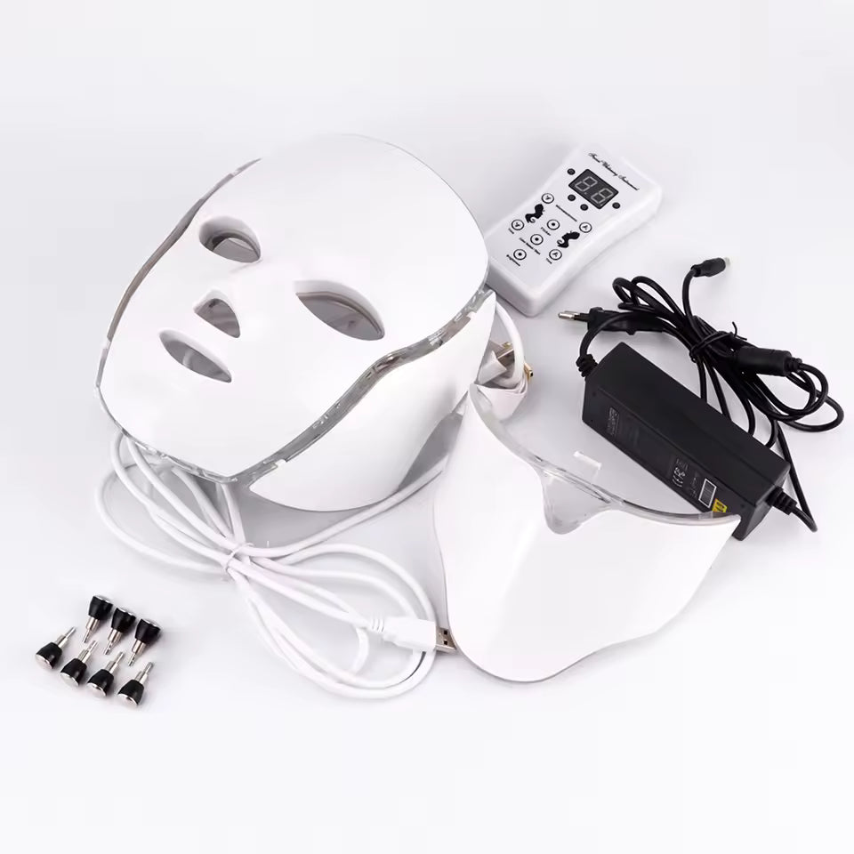 قناع وجه باضاءة LED، 7 الوان LED للوجه والرقبة بضوء نيون متوهج، قناع وجه كهربائي للعناية ببشرة الوجه وجمال الوجه