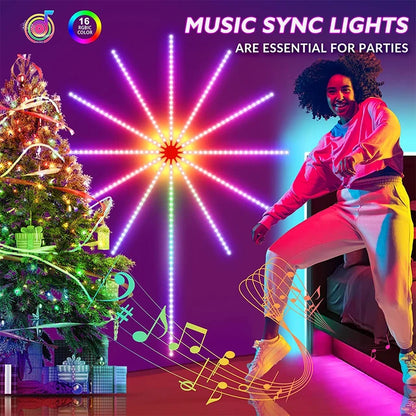 مصابيح LED ذكية بتصميم العاب نارية - ديكور للغرفة تعمل بمنفذ USB، مزامنة الموسيقى، شريط اضاءة LED متغير اللون مع جهاز تحكم عن بعد وتطبيق. مثالية لغرفة النوم وديكور الحفلات والكريسماس - هدية مثالية
