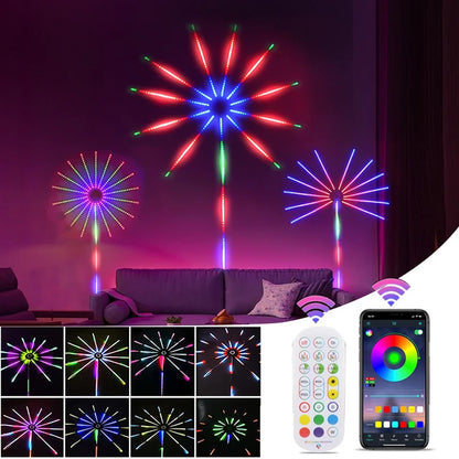 مصابيح LED ذكية بتصميم العاب نارية - ديكور للغرفة تعمل بمنفذ USB، مزامنة الموسيقى، شريط اضاءة LED متغير اللون مع جهاز تحكم عن بعد وتطبيق. مثالية لغرفة النوم وديكور الحفلات والكريسماس - هدية مثالية