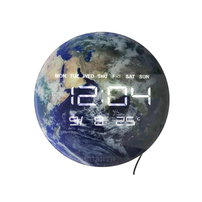 ساعة حائط رقمية على شكل كرة أرضية مقاس 12 بوصة بشاشة LED، ساعة حائط رقمية كبيرة بخاصية التعتيم التلقائي، تقويم ودرجة حرارة، نظام 12/24 ساعة، ساعة كهربائية تعمل بمنفذ USB للمطبخ وغرفة المعيشة
