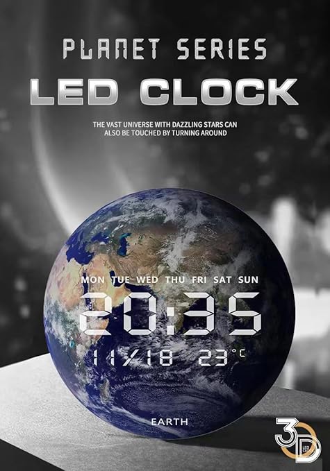 ساعة حائط رقمية على شكل كرة أرضية مقاس 12 بوصة بشاشة LED، ساعة حائط رقمية كبيرة بخاصية التعتيم التلقائي، تقويم ودرجة حرارة، نظام 12/24 ساعة، ساعة كهربائية تعمل بمنفذ USB للمطبخ وغرفة المعيشة