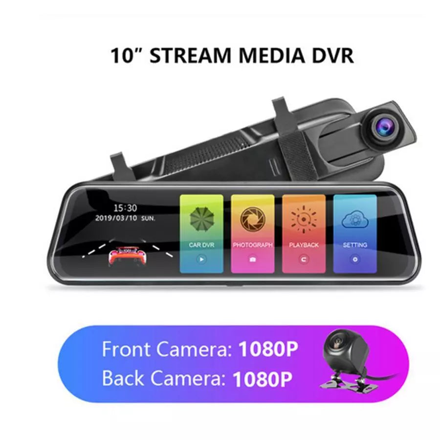 كاميرا سيارة بشاشة لمس 10 بوصة، كاميرا DVR للسيارة 10 بوصة، كاميرا أمامية وخلفية بعدسة مزدوجة، مسجل فيديو للرؤية الليلية، كاميرا الرجوع للخلف