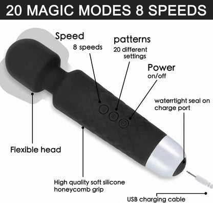 جهاز تدليك لاسلكي مقاوم للماء قابل لإعادة الشحن عبر منفذ USB، مزود بـ 8 سرعات قوية و20 وضعًا للاهتزاز، بتردد منخفض لتخفيف آلام العضلات والتعافي الرياضي.